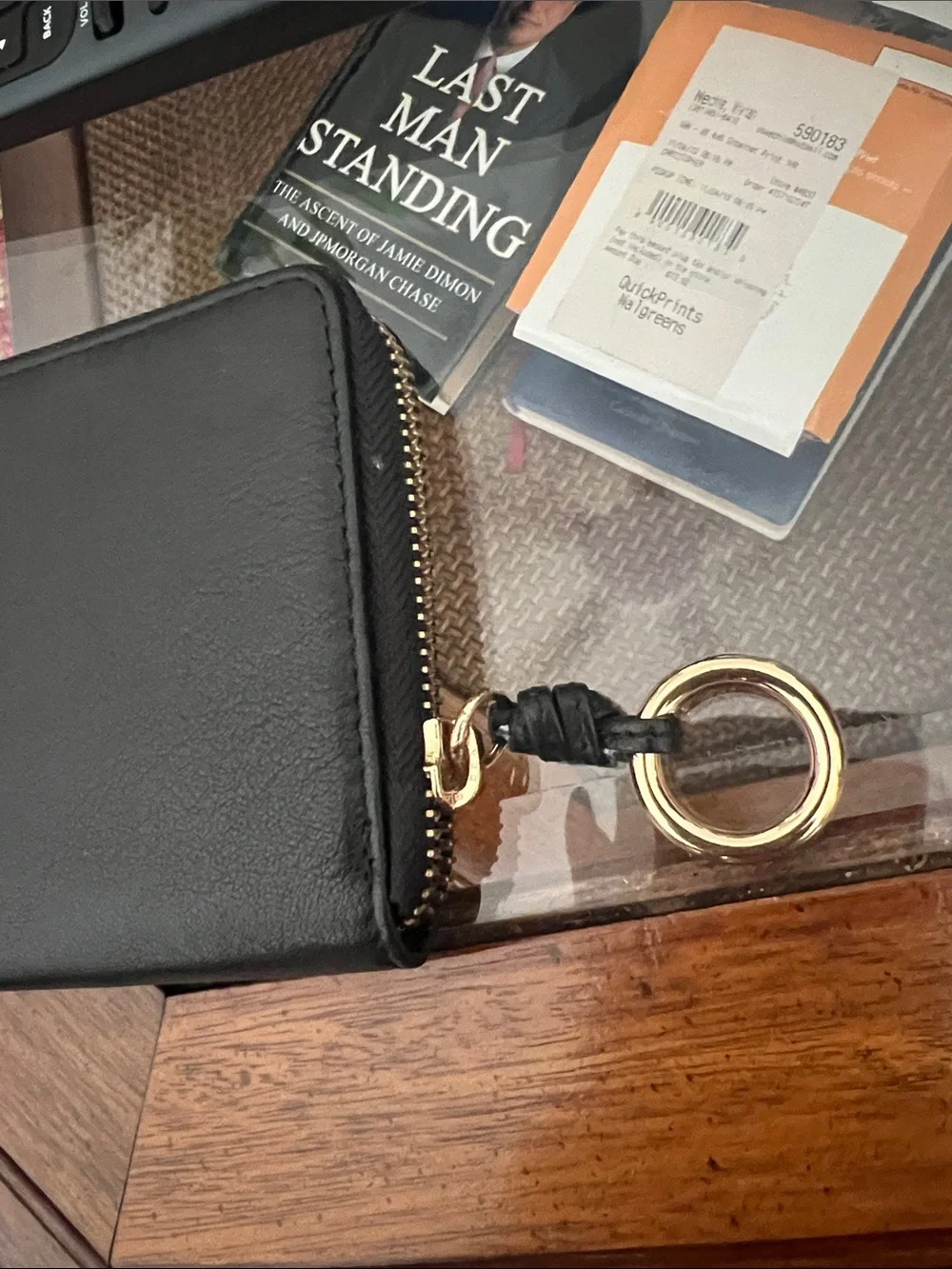 Thacker, Black Leather Zip Wallet with Golden Accent